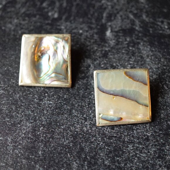 Vintage Taxco Sterling Silver Abalone Square Clip-On Earrings 1970s - Picture 1 of 5